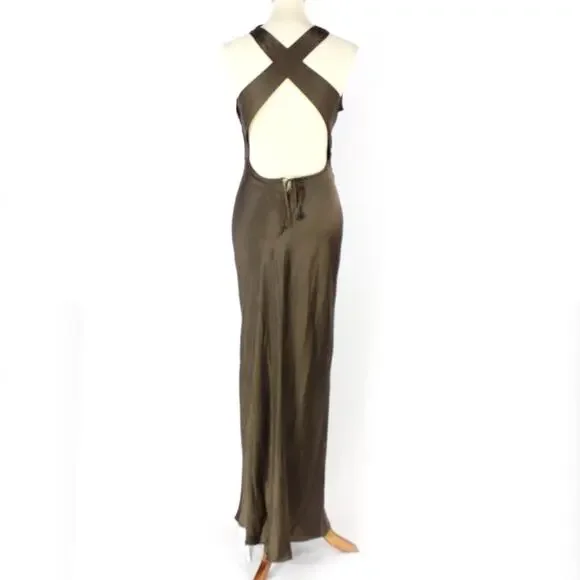 Reformation Morel Brown Anaiis Silk Dress High Neck Open Back Maxi Dress Size 6 - Picture 6 of 7